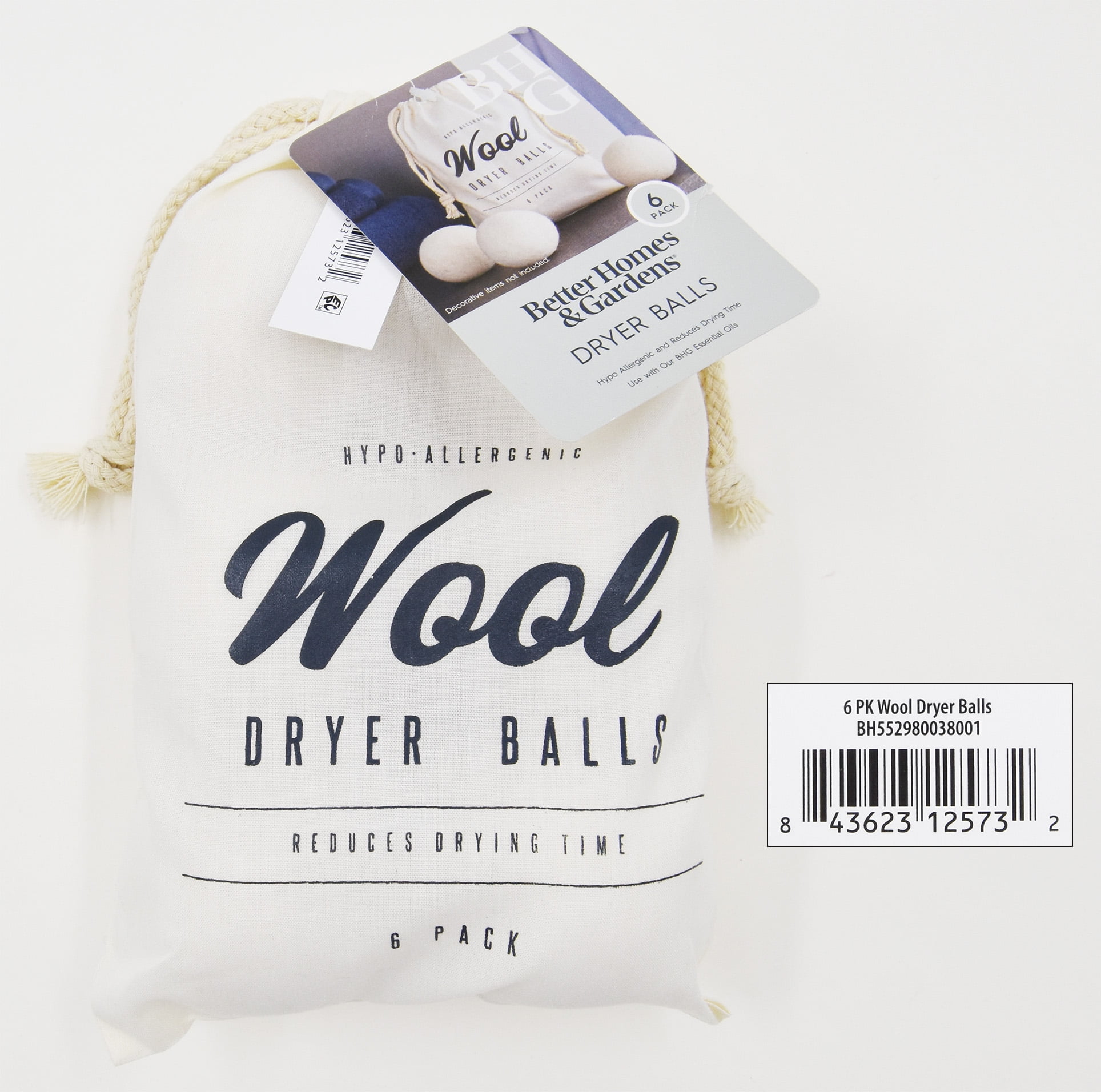 Better Homes & Gardens Wool Dryer Balls, Natural, High-Quality New Zealand Wool, 6‑Count
