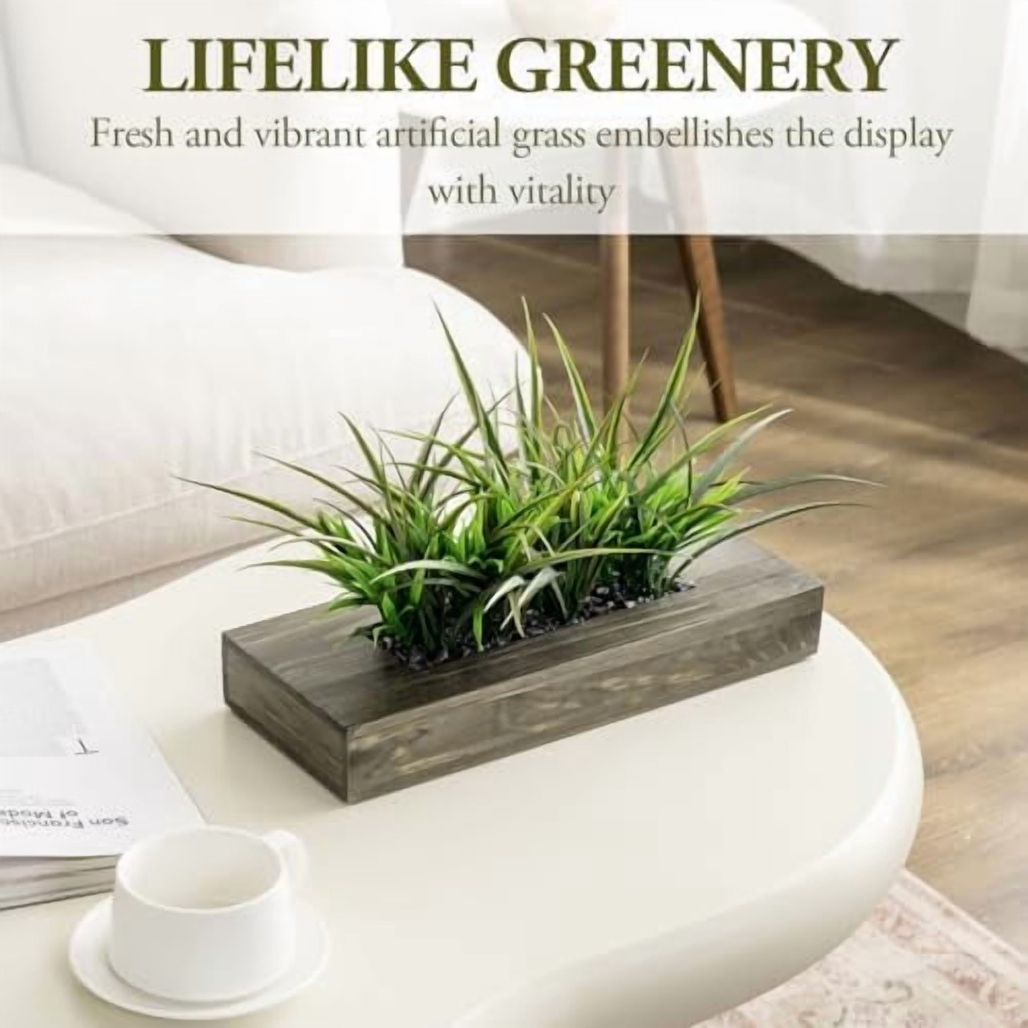 Large Artificial Green Grass Plants Potted in 14 Inch Vintage Weathered Gray Solid Wood Rectangular Planter Box, Decorative Tabletop Faux Greenery Centerpiece Décor