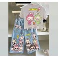 thumbnail image 1 of Conjunto de camiseta y pantalones vaqueros con estampado de dibujos animados, novedad de verano, ropa para niños, pantalones superiores para niña, traje de barbilla continental, 1 of 5