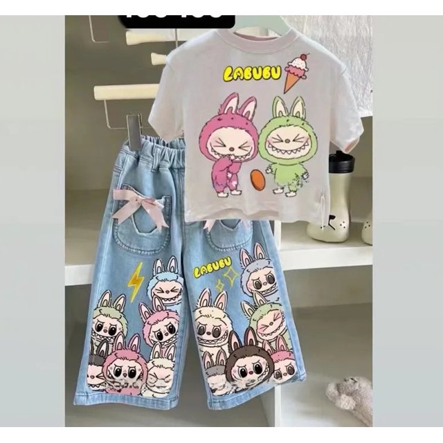 Conjunto de camiseta y pantalones vaqueros con estampado de dibujos animados, novedad de verano, ropa para niños, pantalones superiores para niña, traje de barbilla continental