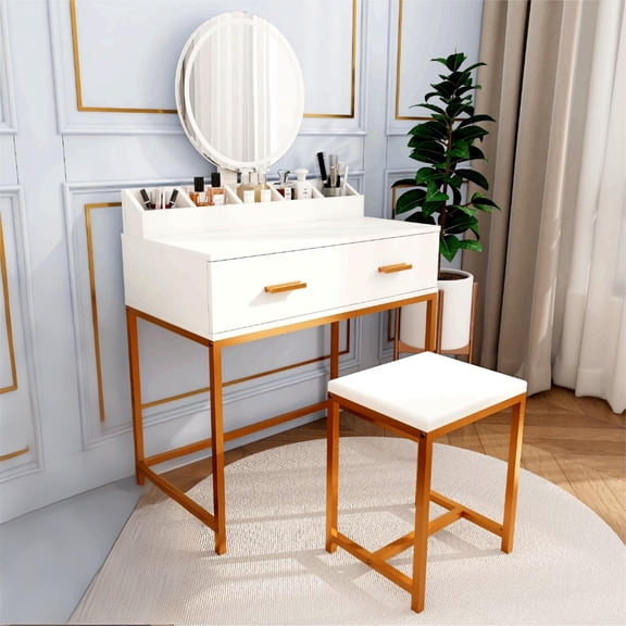 Jopath Vanity Set with Mirror and Stool,Makeup Vanity Table with Storage Drawers and Organizer for Space-Saving,Bedrooms,White