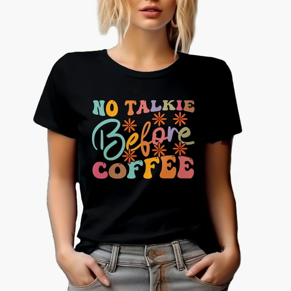 No Talkie Before Coffee, Office Co-Worker Humor Quote, Groovy Retro Wavy Text Merch Gift, Black T-Shirt, Small