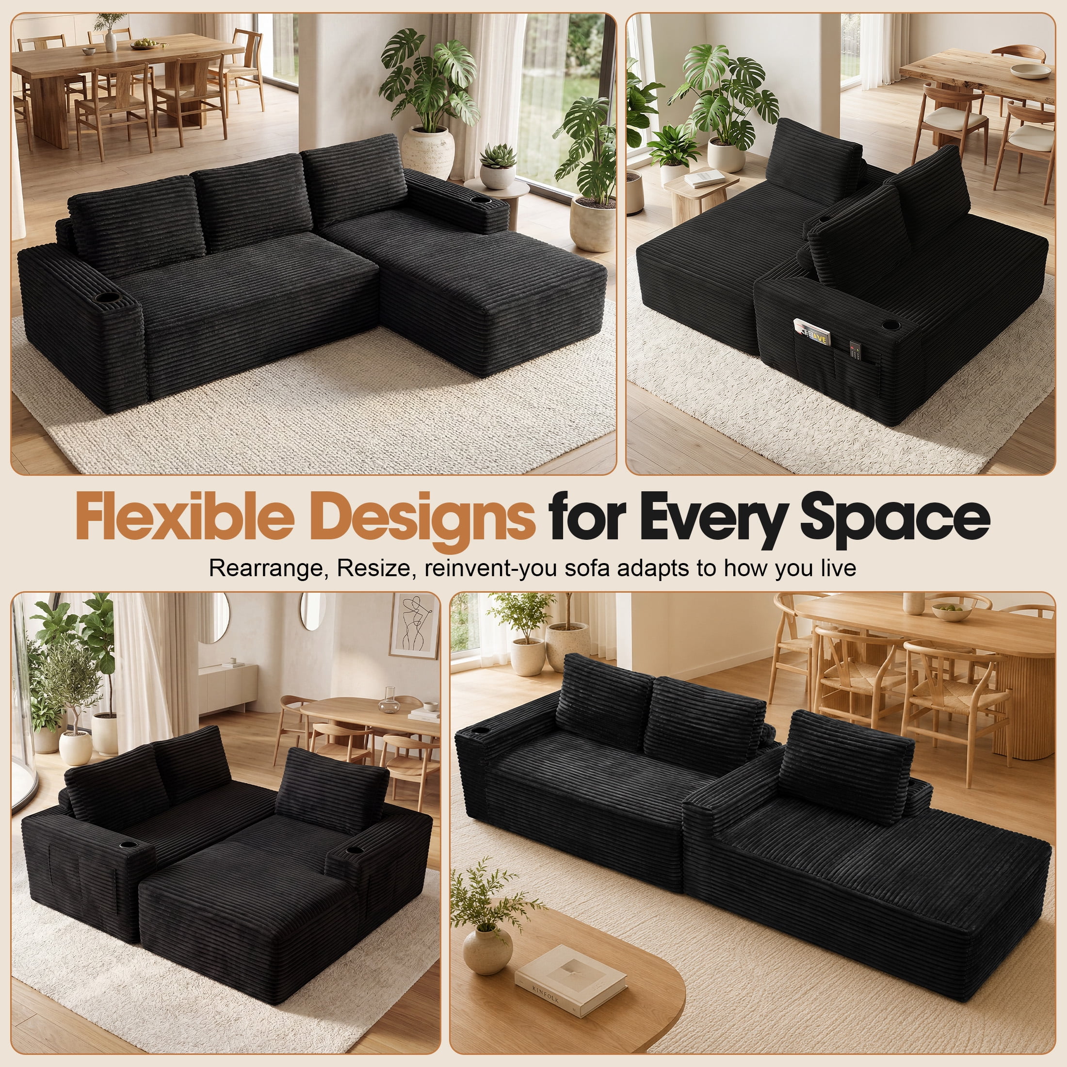 Aenkyo 104 Inch Corduroy L-Shaped Cloud Sectional Sofa with Right Facing Chaise and Cup Holders, Black