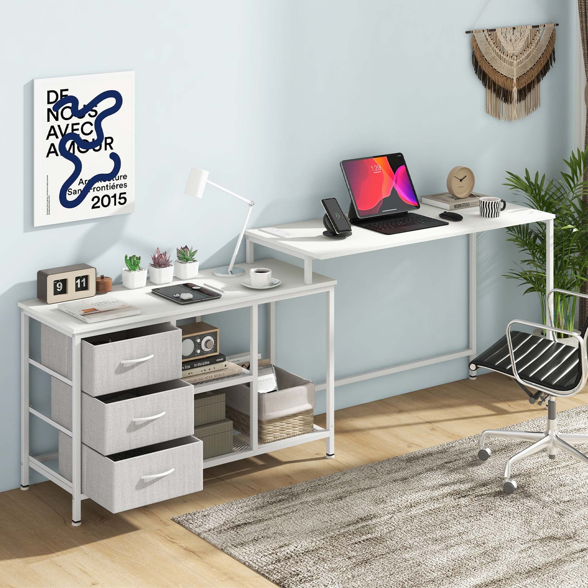 Costway L-shaped Computer Desk with Power Outlet, Fabric Drawers, Metal Mesh Shelves White