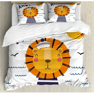 Saying Duvet Cover Set Queen Size, Nursery Themed Cartoon Image with Sailor Lion Happy Sun and Ahoy Lettering on Waves, Decorative 3 Piece Bedding Set with 2 Pillow Shams, Multicolor, by Ambesonne
