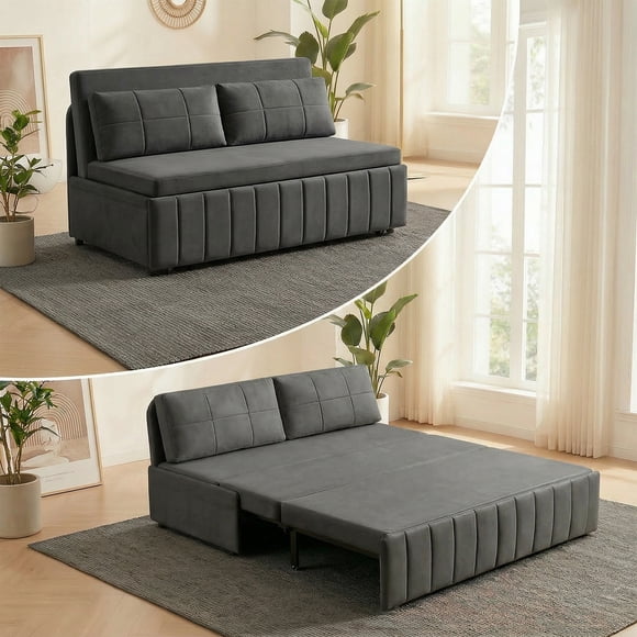Mjkone Leathaire Pull Out Sofa Bed Queen, Loveseat Convertible Sleeper Sofa for Small Living Room/Apartment,Dark Gray
