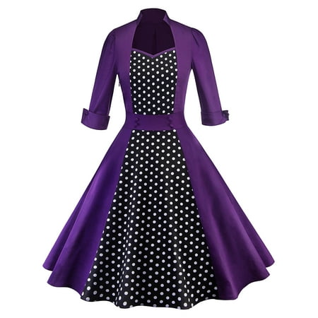 50s 60s Women Vintage Retro Polka Dot Rockabilly Swing Pinup Evening Party Dresses Long Sleeve