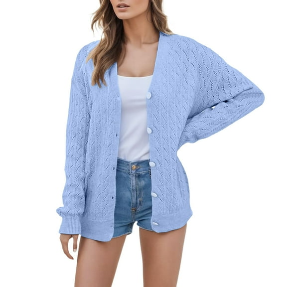 PMVFHDE Women's Winter Daily Casual Solid Color Long Sleeve Button Down V-Neck Cute Knit Sweater Cardigan Blue,M