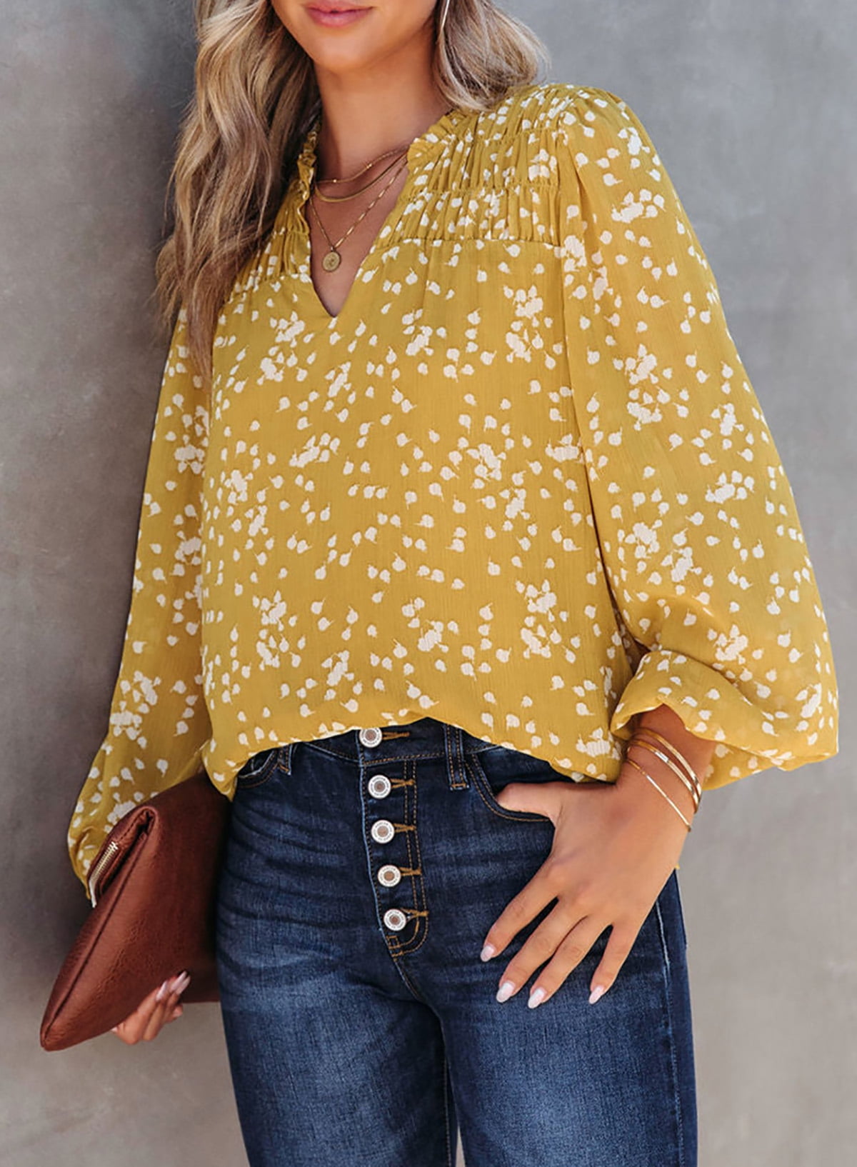 Blouses for Women Long Sleeve V Neck Smocked Tops Casual Boho Floral Print Chiffon Blouse Shirts Yellow M