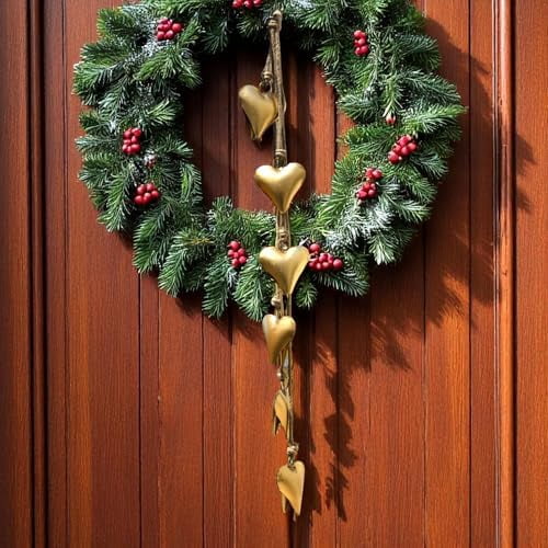 Decorative Hanging Cow Bells – 45” Metal Wind Chime with 6 Heart-Shap Bells on Rope - Vintage Farmhouse Boho Bell Garland for Christmas, Home, Porch, Entryway, Garden & Fireplace (Gold Heart)