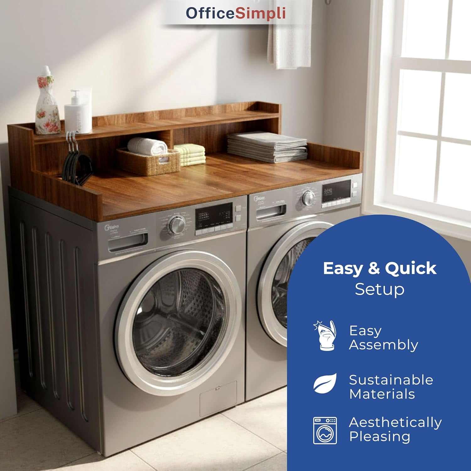 OfficeSimpli Washer Dryer Countertop with Shelf - 27.5 x 54 Inch - Made in USA Laundry Countertop Over Washer and Dryer with Non-Slip Pads, Storage Shelf, Laundry Topper Organizer, California Walnut