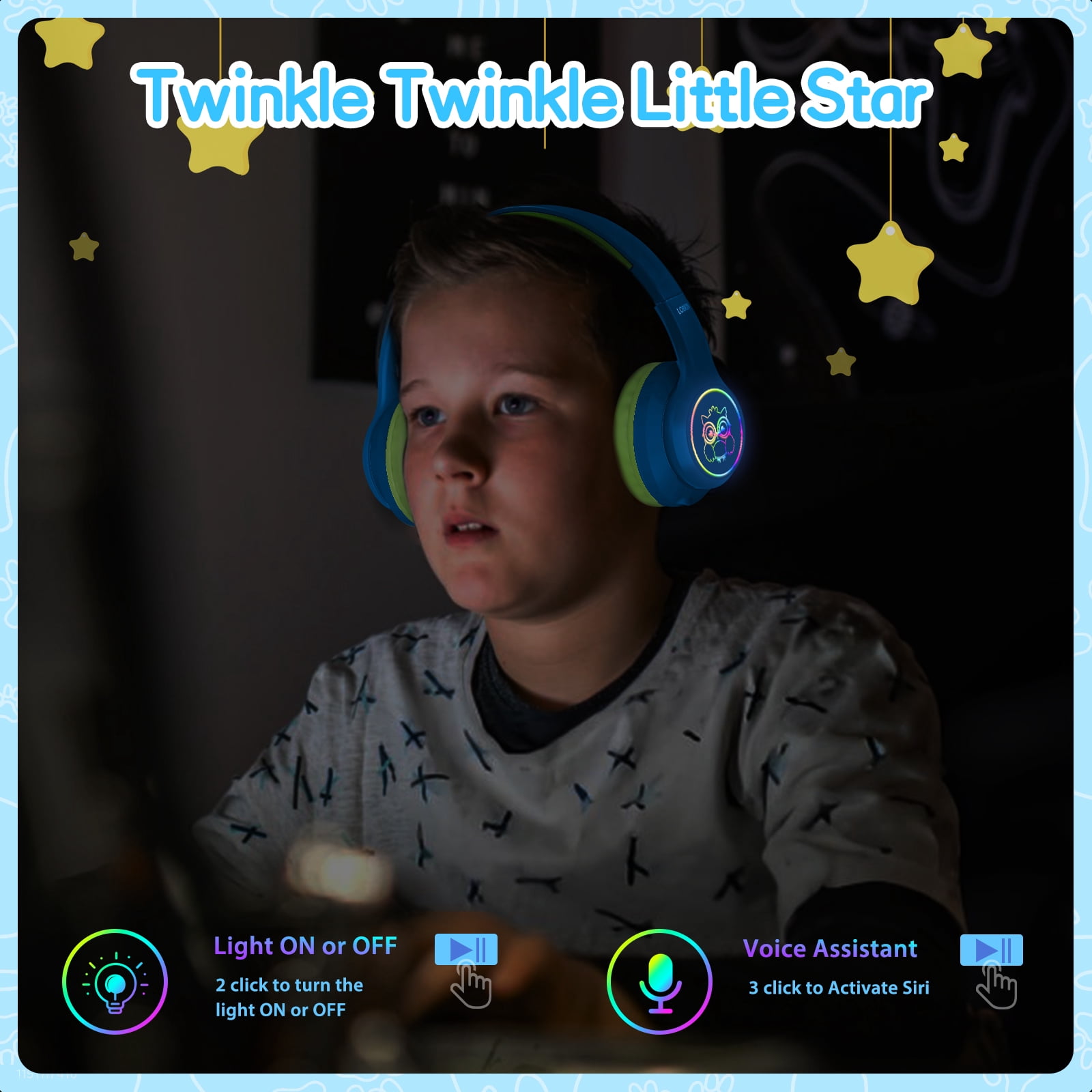 LOBKIN Headphones for Kids,Over Ear Wireless Headphones with Mic,ANC,50H Playtime,Kids Headphones for Travel/School/Tablet,Blue Green
