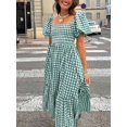 thumbnail image 4 of Aqua Green Plaid Square Neck Puff Sleeve Tiered Midi Dress For Women, 4 of 6