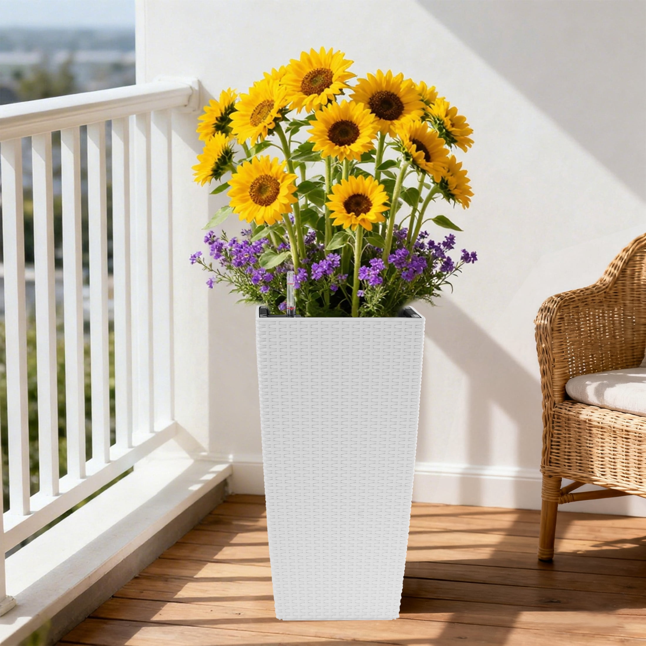 Noble House 2 Pack 22.61" Tall Square Self-Watering Planters, Faux Rattan Indoor Outdoor Flower Pots, White