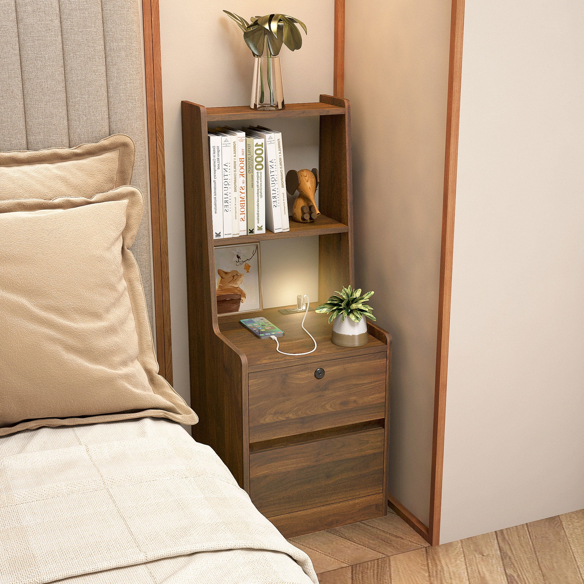 Mintazer 41"Tall Nightstand with Lockable Drawer & Charging Station, Modern Bedside Tables with Bookshelf & Night Light for Small Bedroom Corner, Brown