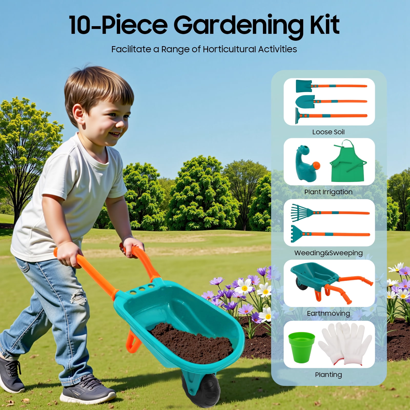 OUTGOO Kids Gardening Tools Set, 10pcs Kids Gardening Tools with Wheelbarrow, Shovel, Rake, Leaf Rake, Outdoor Toddler Toys Yard Digging Weed Pretend Toys for Boys Girls Age 3+