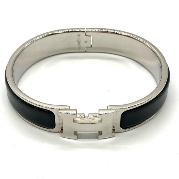 Pre-Owned Hermes HERMES H Click Silver Bangle Cuff Enamel Black D Engraved (Good)
