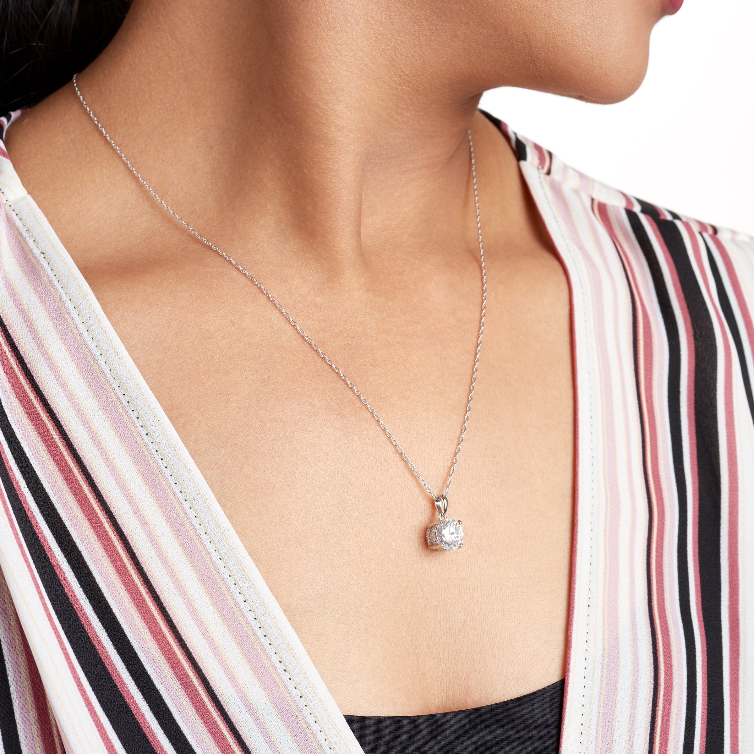 Forever Facets Moissanite Solitaire Pendant Necklace in Rhodium Plated Sterling Silver, Adult Female