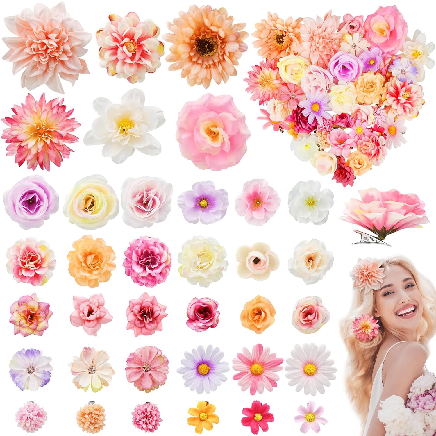 36 Pack Flower Hair Clips Rose Floral Hair Accessories for Women  Bride Claw Clip Side Hair Clip Hairpin Brooch Pin Headpiece for Girls Wedding Halloween Hairstyles