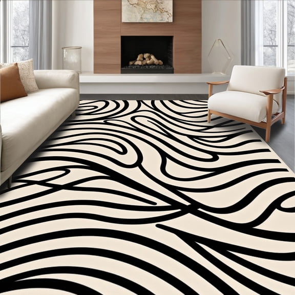 ODIKA 2'x3' Machine Washable Non-Slip Area Rug, Minimalist Abstract Waves with Touches High Traffic Rug, Black, 569212