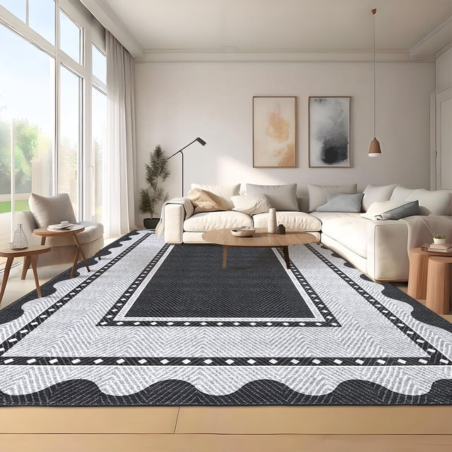 Gaderth 9x12 Washable Area Rug For Living Room, Scalloped Border Non Slip Rug, Stain Resistant Low Pile Soft Indoor Carpet For Bedroom Nursery Dining Room Entryway Home Office