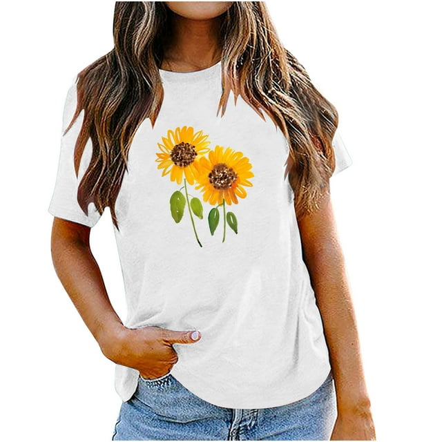 EQWLJWE Hauts à Col en V pour Femmes Mode Féminine Col Rond Manches Courtes Imprimé Tournesol de Pâques Hauts d'Été pour Femmes 2023