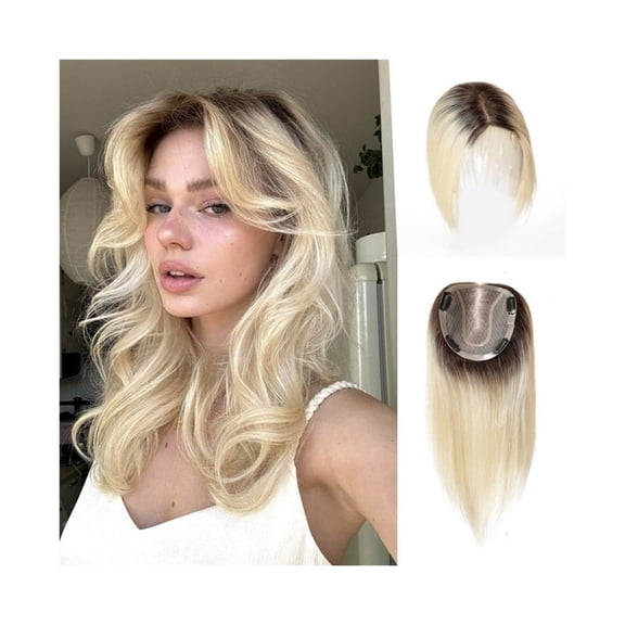 Hair Toppers for Women Real Human Hair Toppers Hair Pieces 12X13CM Hand Tied Mono Base Dark Root Ombre Blonde 14" Free Part Straight Remy Hair Pieces