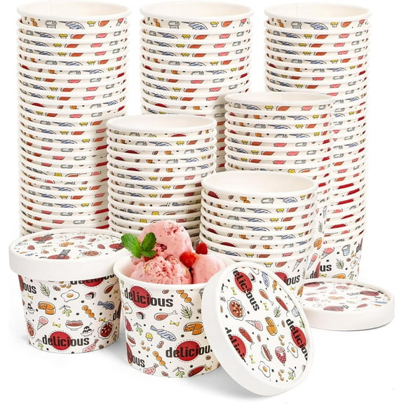 100 Pack 8 oz Paper Food Containers with 100 Pack Vented Lids, Disposable Ice Cream Cups, Paper Dessert Bowls for Hot and Cold Food, Soup, Sundae, Frozen Yogurt