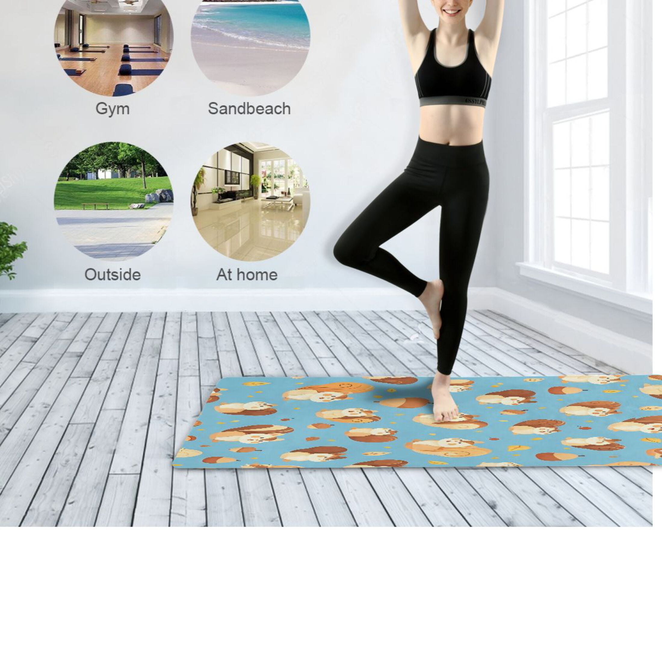 BZSMCE Yoga Mat Women Fitness Mat Light Blue Squirrel Pattern