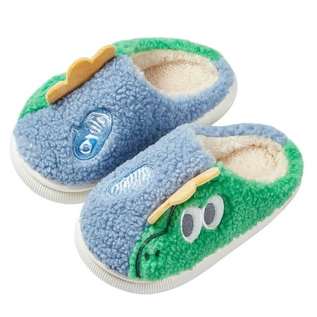 

Toddler Kids Unisex Slippers Animal Dinosaur Winter Warm Furry Shoes for Boys Girls Blue 15-18months
