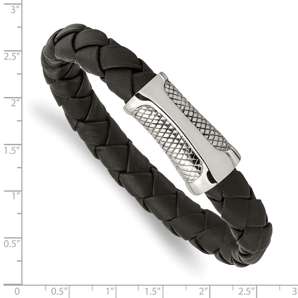 Diamond2Deal Stainless Steel Polished and Textured Black Braided Leather Bracelet for Men 8.5"