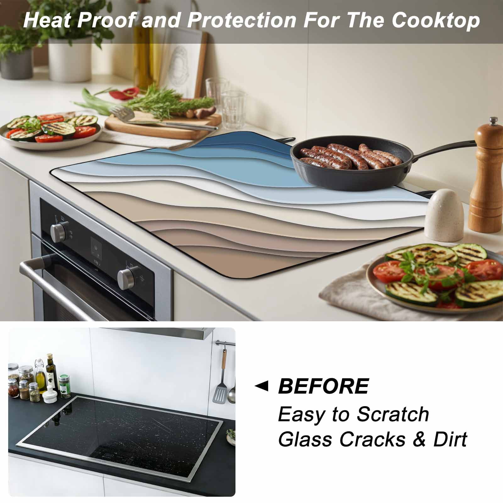 Navy Blue Brown Ombre Stove Top Cover for Electric Stove, Heat-proof & Non Slip Glass Top Stove Cover Protector, Modern Geometric Abstract Cream Kitchen Flat Cooktop Rubber Mat 36x21 Inches