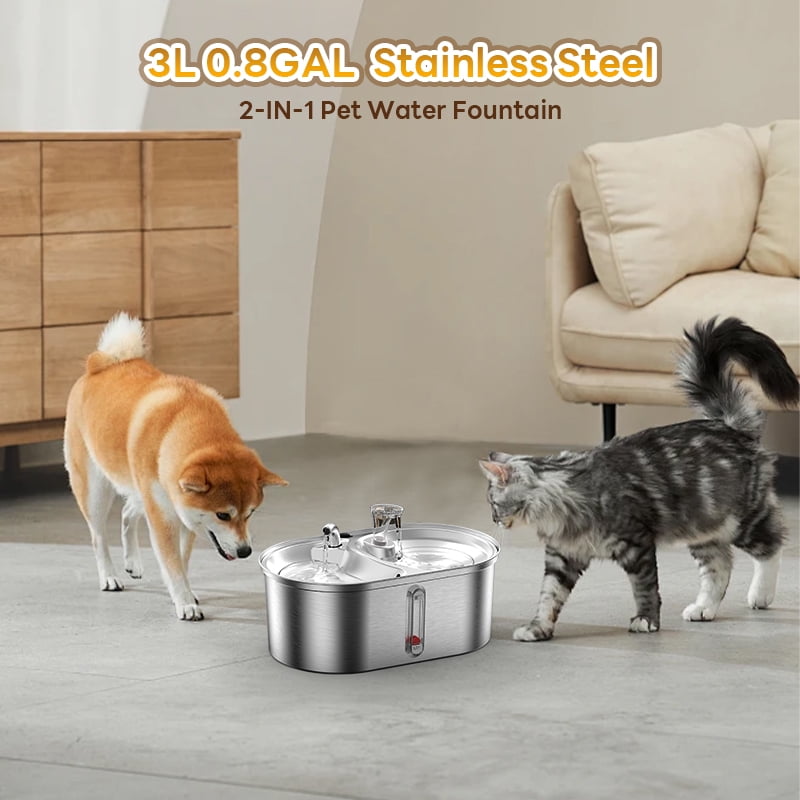 Cat Water Fountain Food Bowl Stainless Steel 2 in 1, 101oz/3L Automatic Pet Water Fountain, Dog Water Dispenser with Smart Pump 2 Filters for Cats, Dogs, Multiple Pets