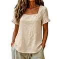 thumbnail image 5 of QUNYINEY T-Shirts for Women Short Sleeve Ruffle Summer Cotton Linen Tunic Tops Loose Fit Casual Square Neck Solid Pullover Shirts, 5 of 7