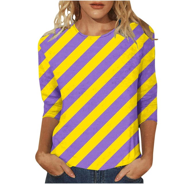 PMUYBHF T-Shirt Mode Décontracté Col Rond Carnaval Imprimé 3D Manches Sept Quarts pour Femmes 2601 m