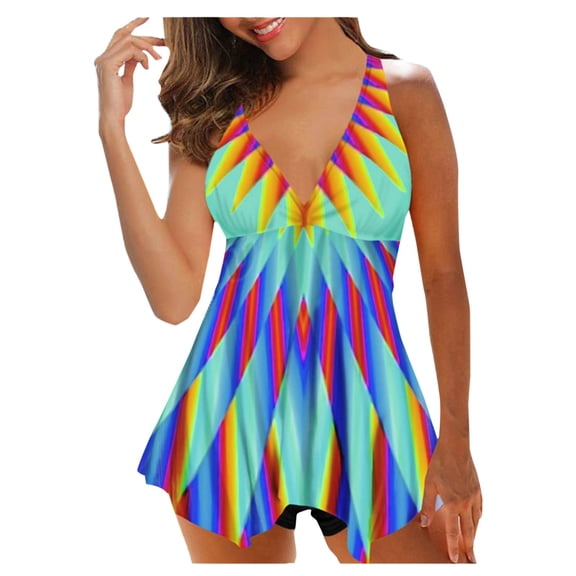 DOPI Women Plus Size Print Strappy Back Tankini Set Two Piece Swimsuits Swimdress