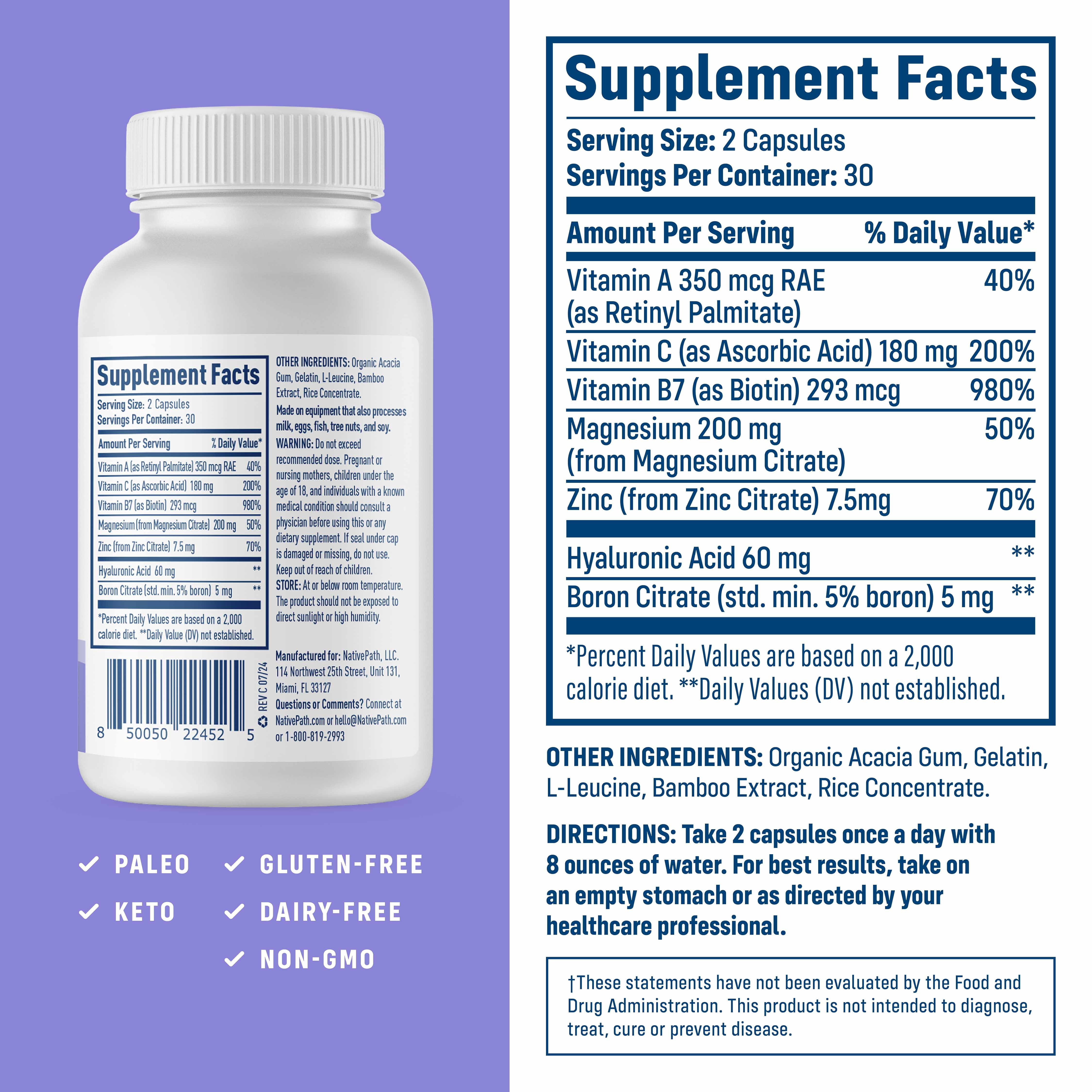 NativePath Collagen Care Plus, Vitamins with Hyaluronic Acid, Biotin and Boron for Women and Men, 60 Capsules