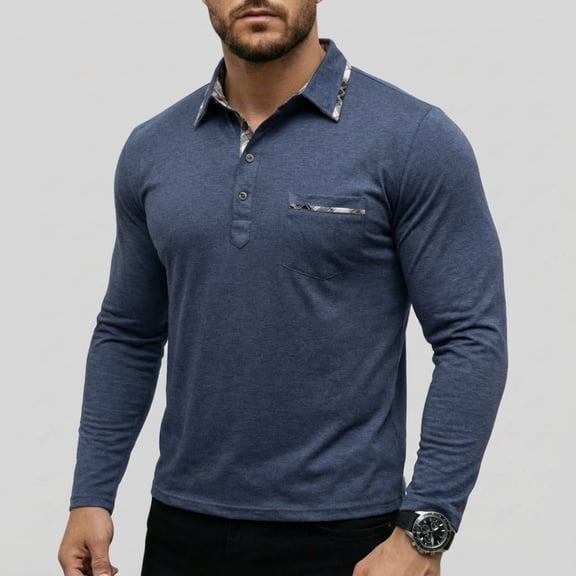 LTTVQM Polo Shirts for Men 2026 Lightweight Long Sleeve Casual Cotton T-Shirt Summer Button Golf Tee with Pocket Dark Blue S