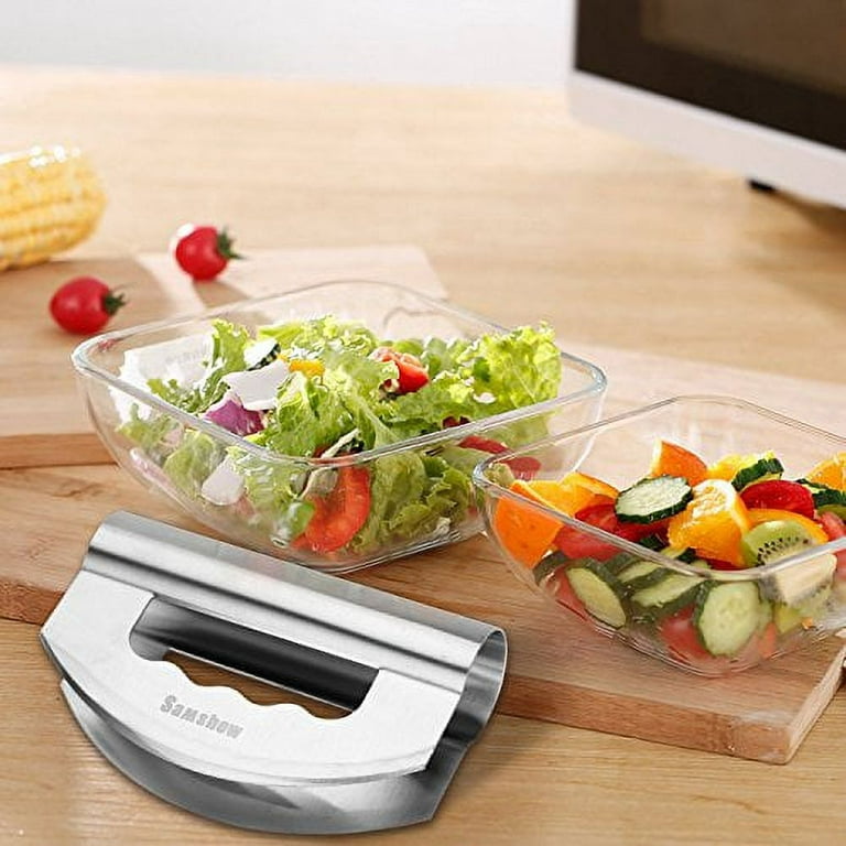2 in 1 Mezzaluna Salad Chopper Pizza Cutter Double Blade Pop-open Handle to  Release the Clogged Veggies Easily Fast Chopping