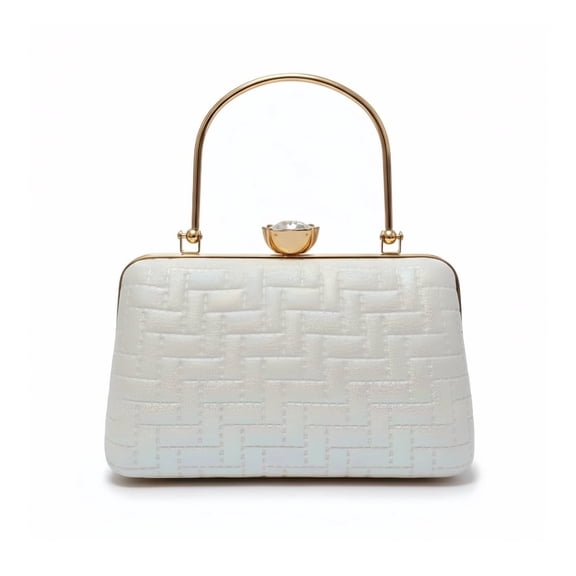 Hunar-Elegant Pearl White Evening Clutch Purse with Gold Metal Handle for women | Bridal Wedding Clutch (7 x 5 in)