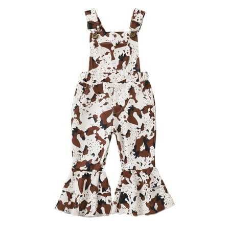 

Frobukio Kids Toddler Girls Summer Sling Jumpsuit Sleeveless Backless Cow Print Suspender Flared Pants Overalls Khaki 12-18 Months