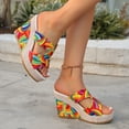 thumbnail image 4 of Rokment Boho Platform Wedge Dress Slides Sandals for Woman Colorful Trendy Casual Leather Linen Sole Chunky High Heels Slip on Womens Summer Beach Vacation Shoes A Size 6, 4 of 7