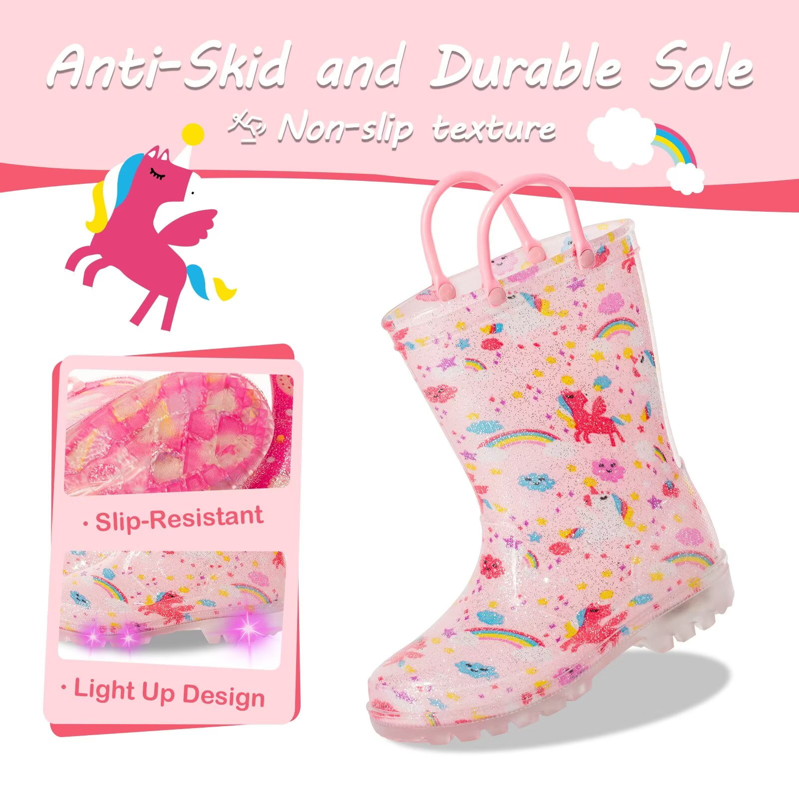 Toddler Kids Waterproof Light Up Rain Boots Patterns and Glitter Boots with Handles for Girls, Pink Unicorn, Size 10