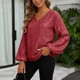 thumbnail image 2 of DXOUPM Women's Long Sleeve Shirts V Neck Sequined Shirt Work Clothes Versatile Daily Wear, 2 of 3