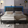 King Bed Frame with Charging Station and LED Lights,Leather Upholstered Platform Bed with