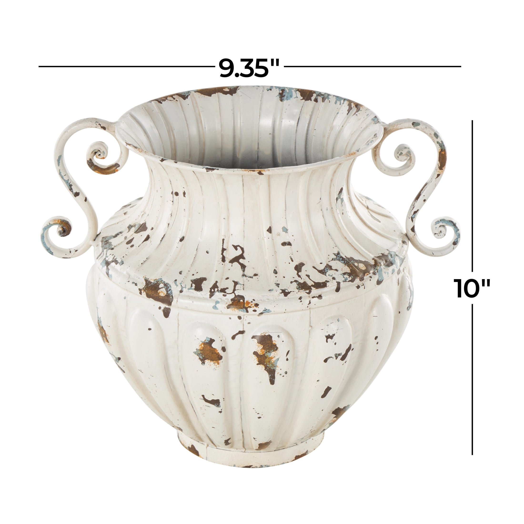 DecMode 10" Scroll Vintage Amphora Cream Metal Vase with Brown and Teal Distressing and Scroll Handles