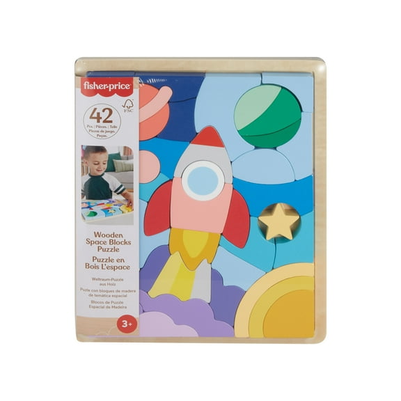 Fisher-Price Wooden Space Blocks Jigsaw Puzzle for Preschool Kids, 42 Wood Pieces to Stack & Sort