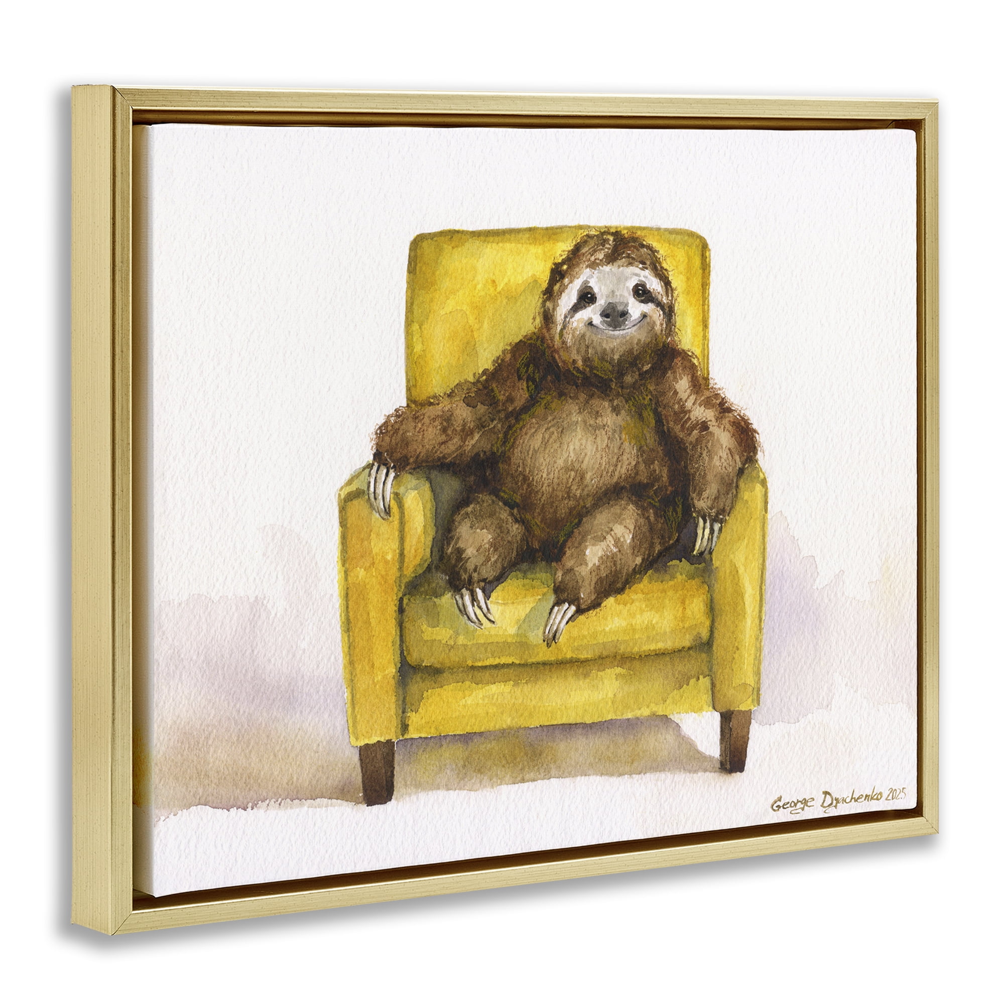 Stupell Industries Happy Sloth Relaxing on Armchair Gold Framed Floater Canvas Wall Art, design by George Dyachenko