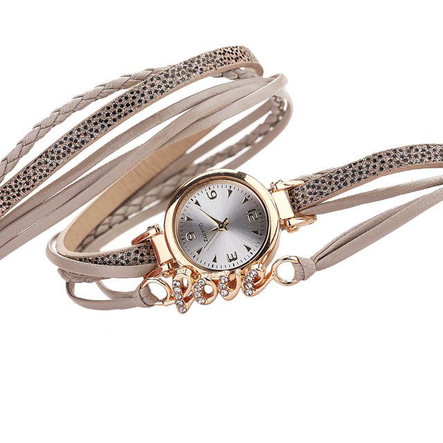 Reloj de pulsera con patrón de amor y diamantes de imitación de cuarzo con correa de cuero de PU para mujer a la moda (gris)