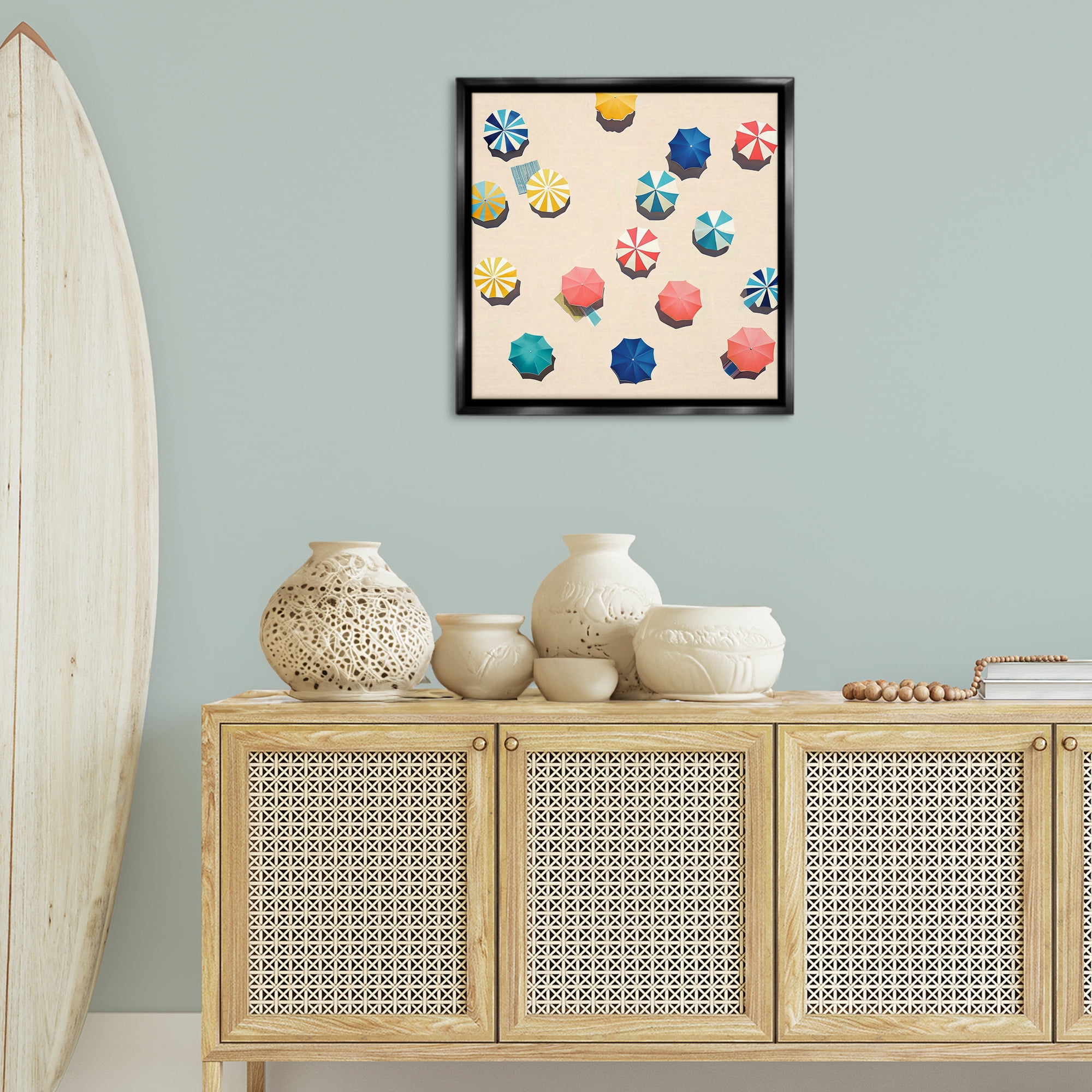 Stupell Industries Coastal Retreat Umbrellas Nautical & Beach Painting Black Floater Framed Canvas Art Print Wall Art, 25 x 25